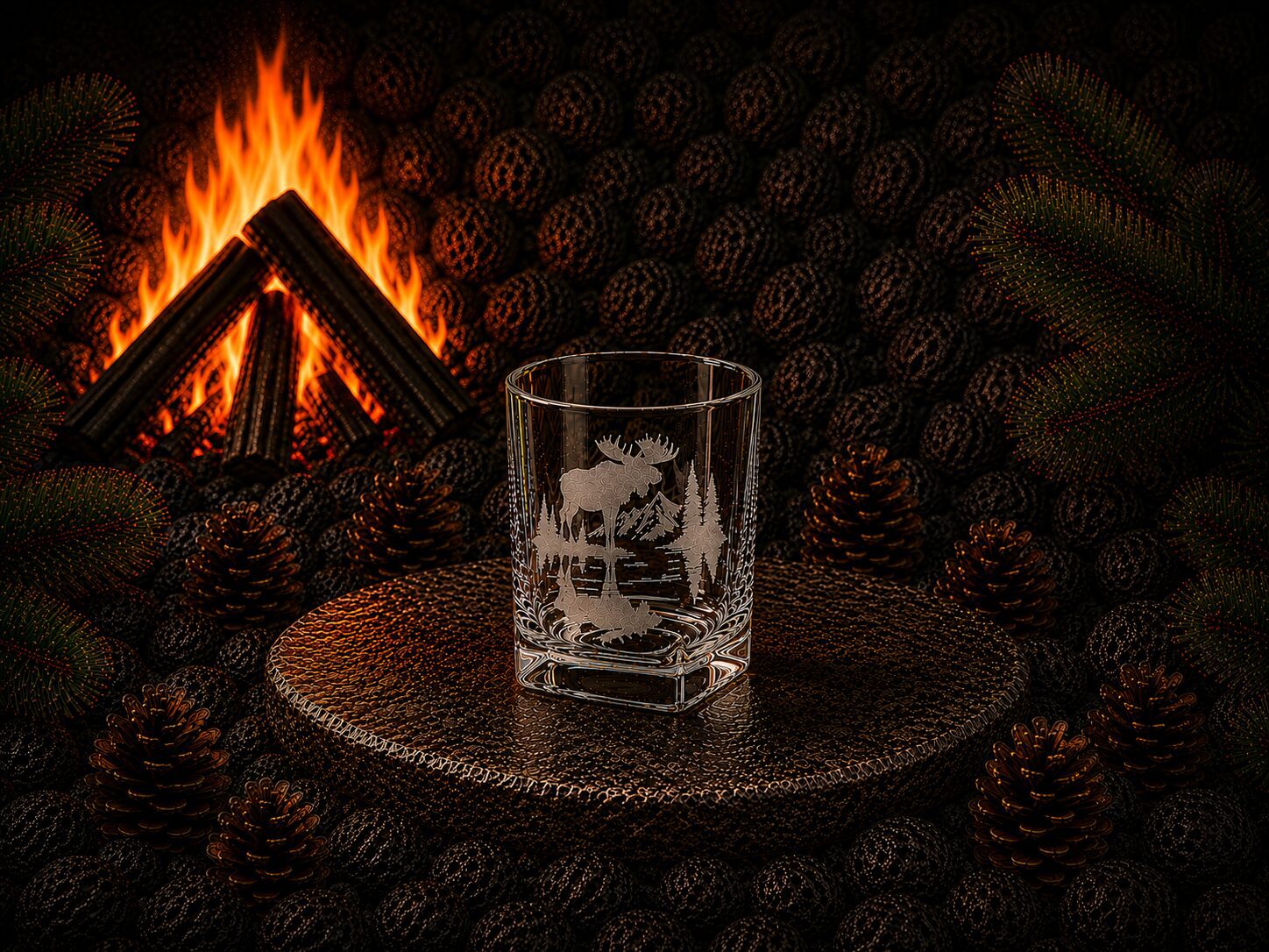 Etched moose whiskey glass by campfire