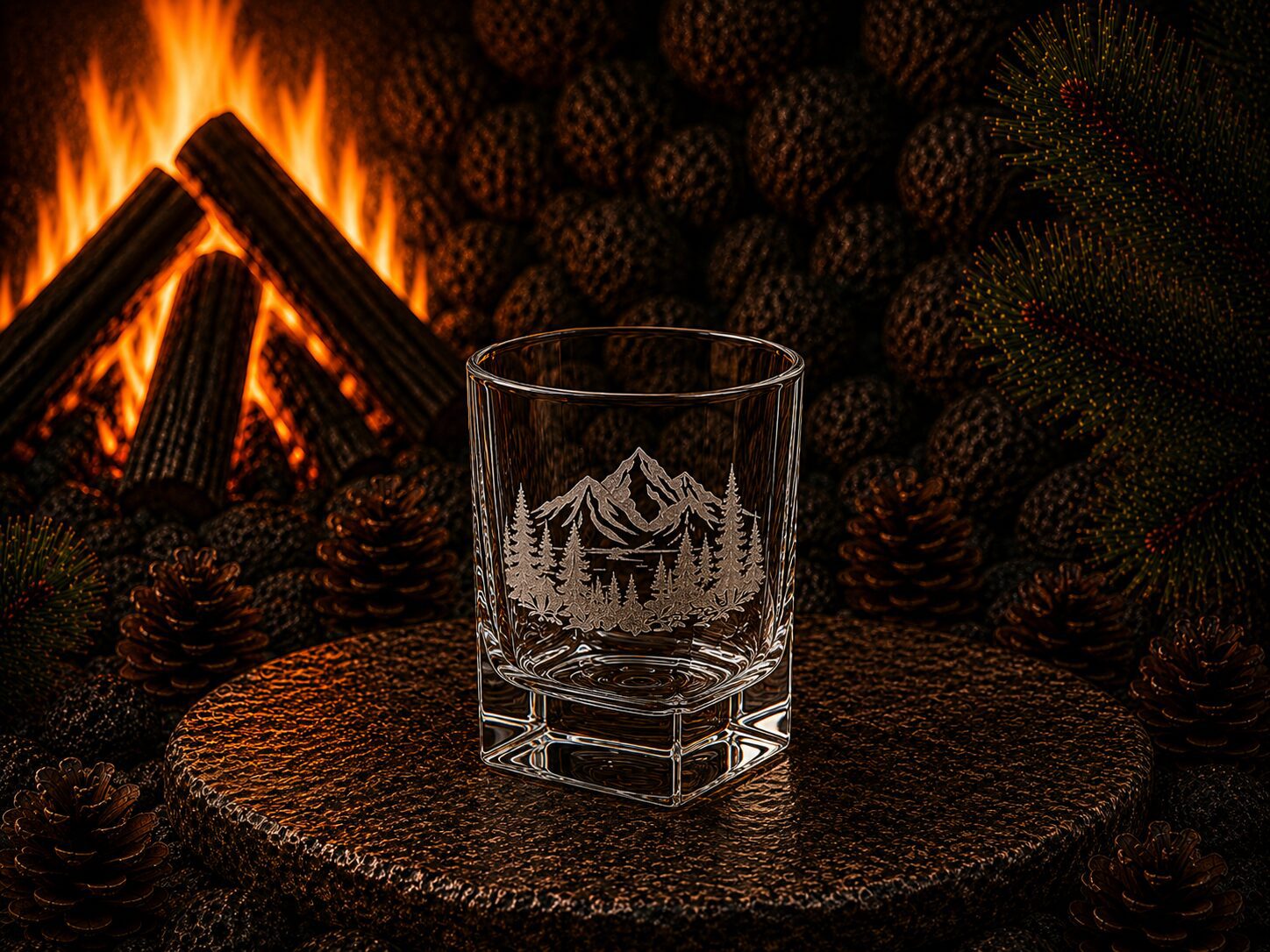 Etched mountain whiskey glass beside roaring fireplace