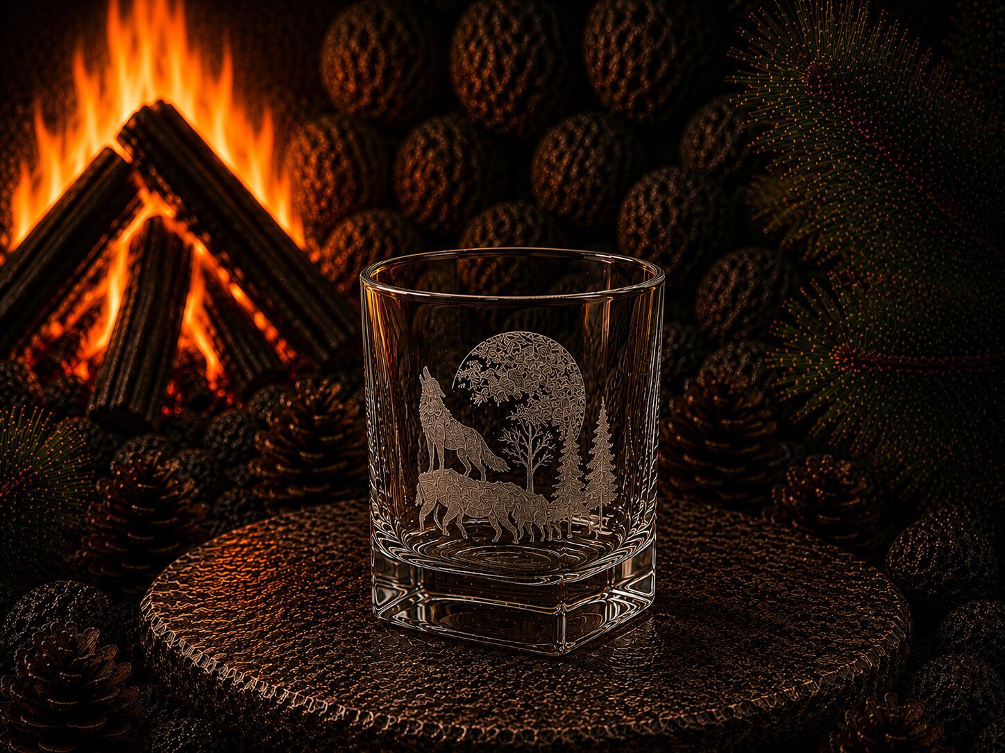 Etched wolf glass tumbler by cozy fireplace