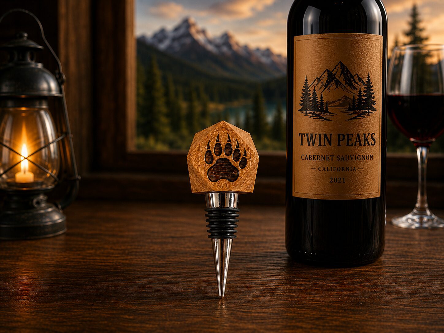 Twin Peaks Cabernet bottle with wooden bear-paw stopper