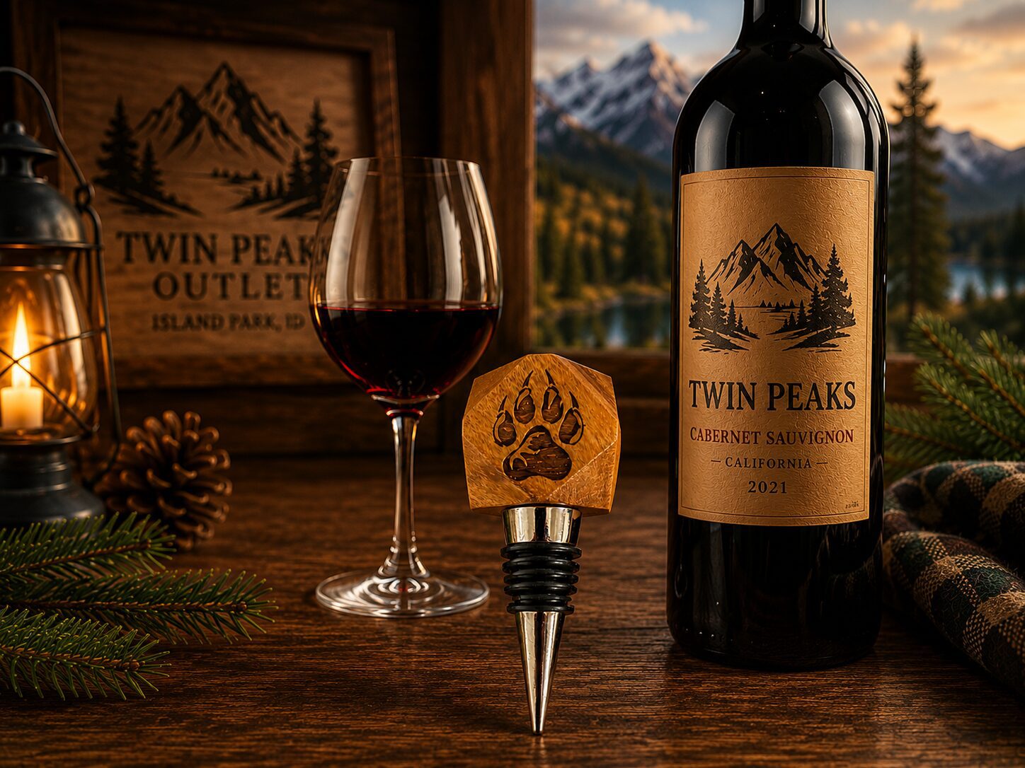 Twin Peaks Cabernet bottle, wine glass, paw stopper
