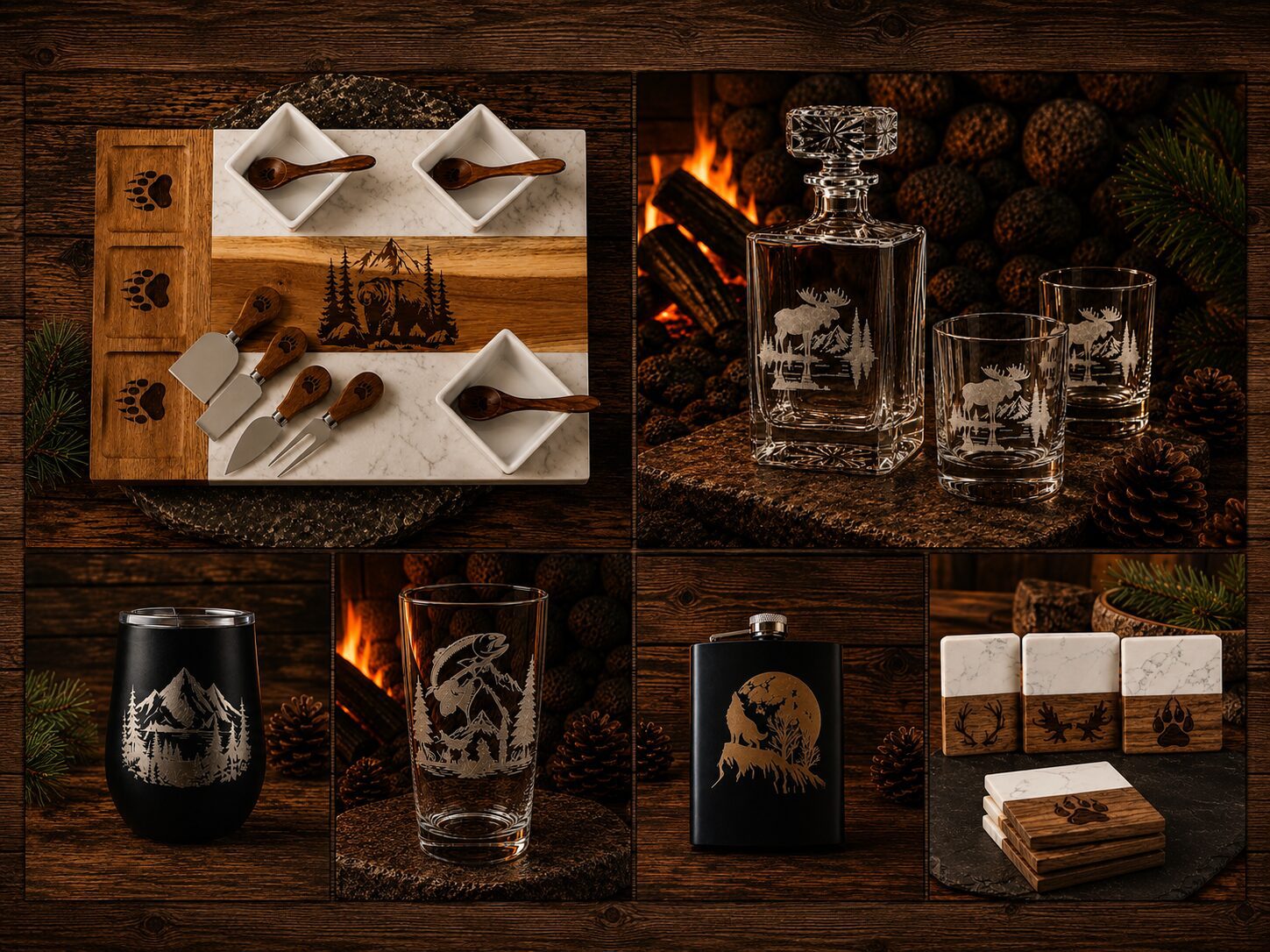 Rustic etched-glass barware and wooden serving set