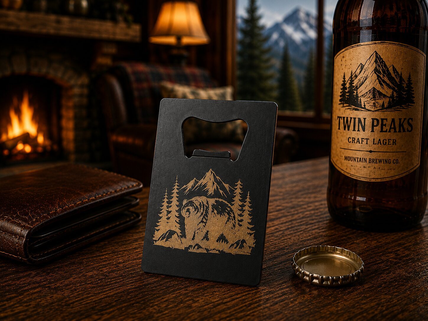 Mountain themed bottle opener and craft lager