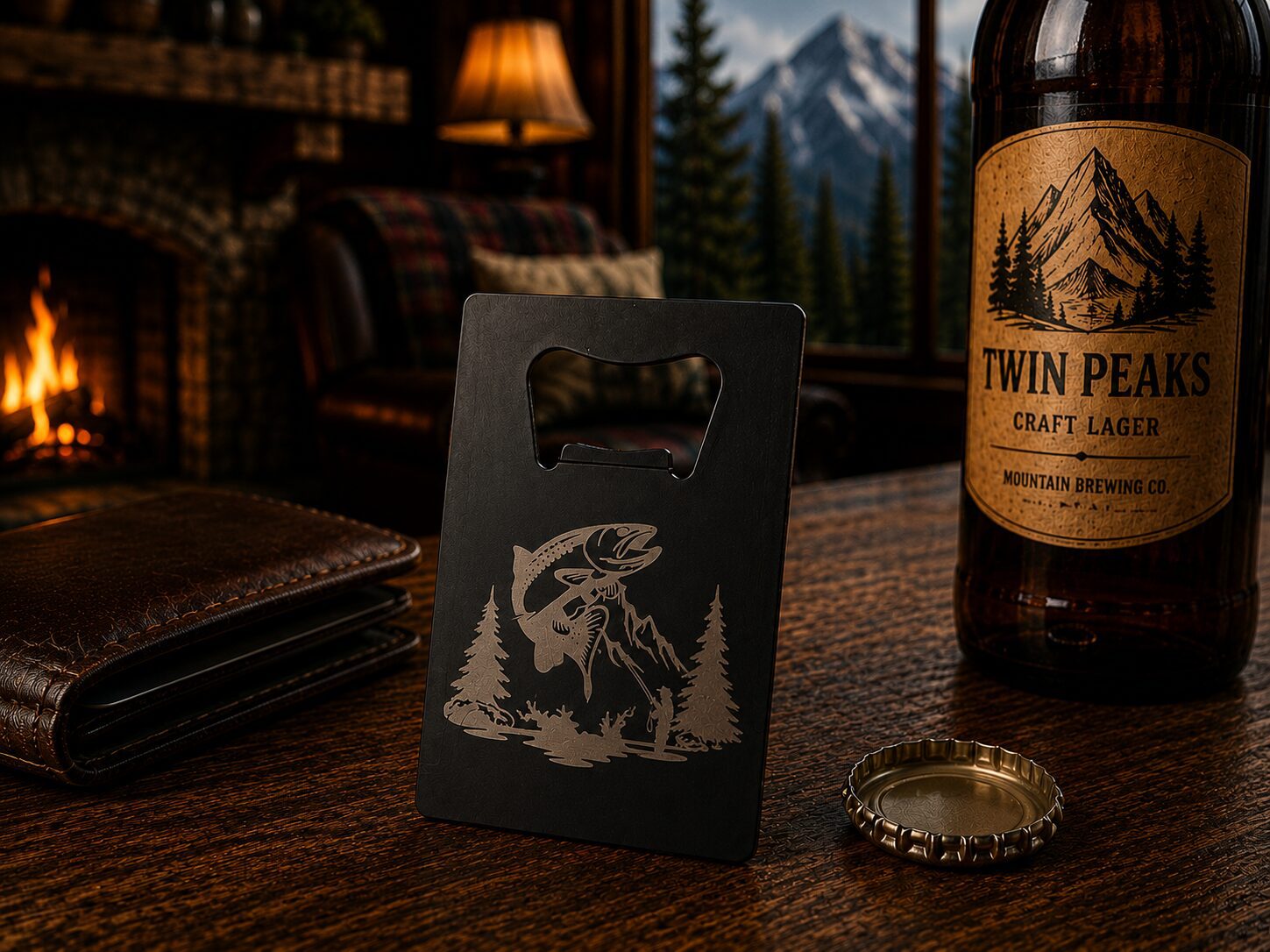 Metal fish bottle opener with Twin Peaks bottle