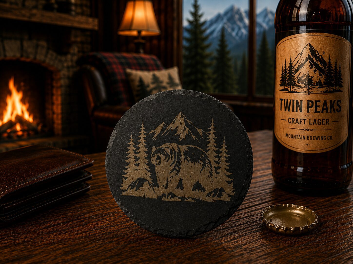 Twin Peaks lager bottle with bear coaster