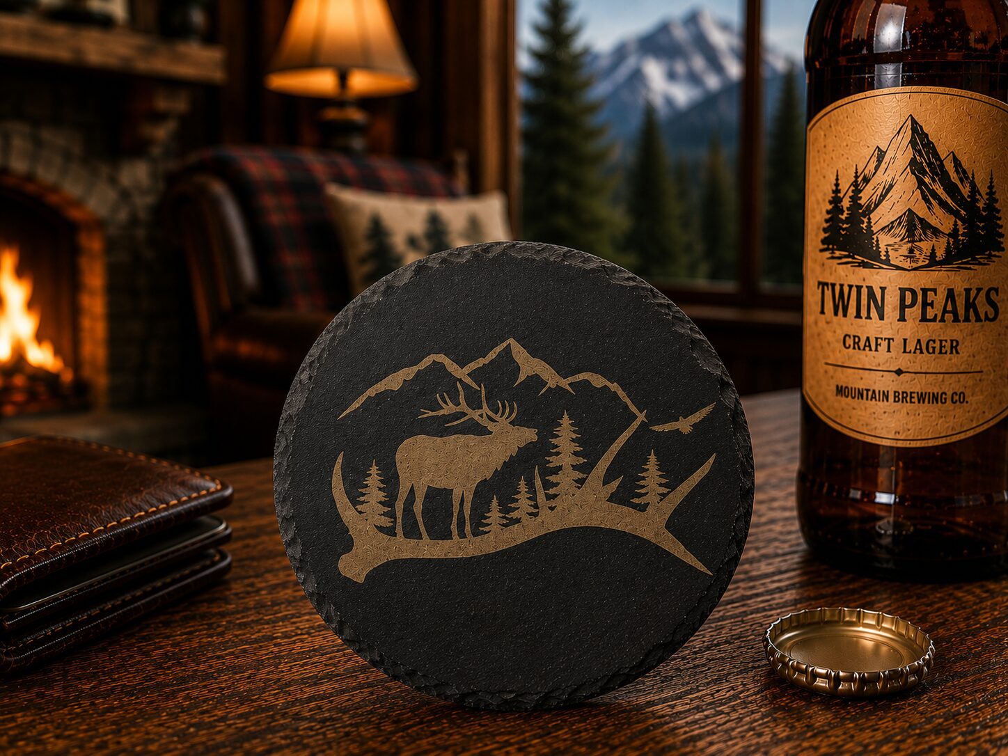 Coaster with elk silhouette beside Twin Peaks bottle