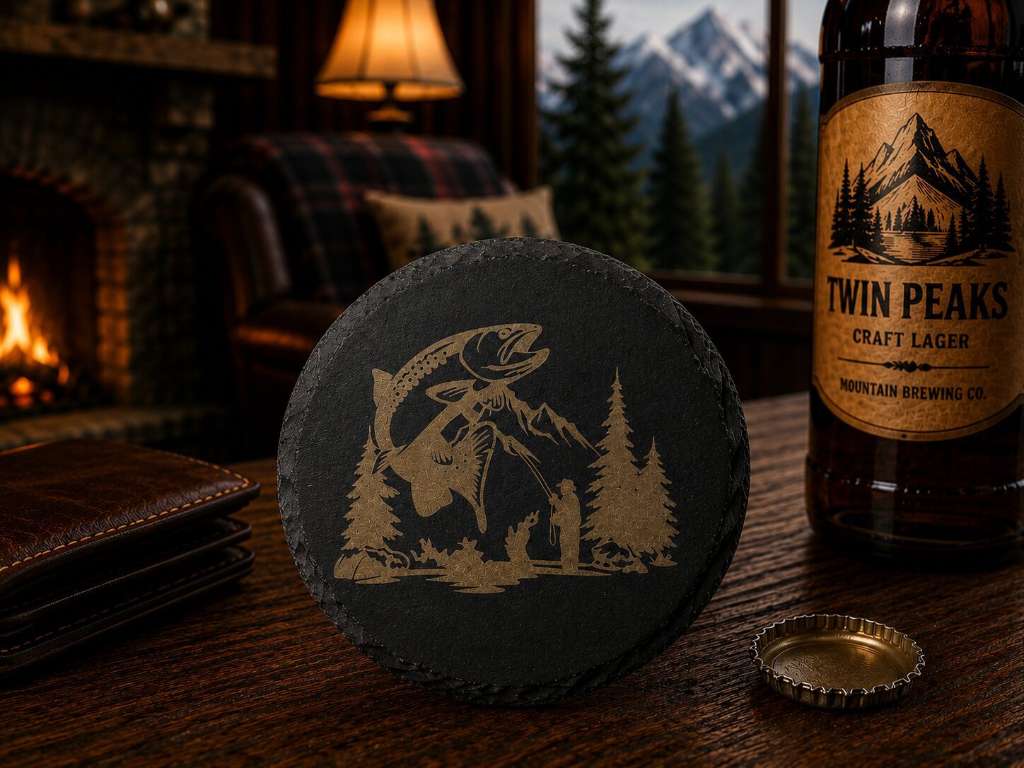 Engraved fish coaster and Twin Peaks bottle