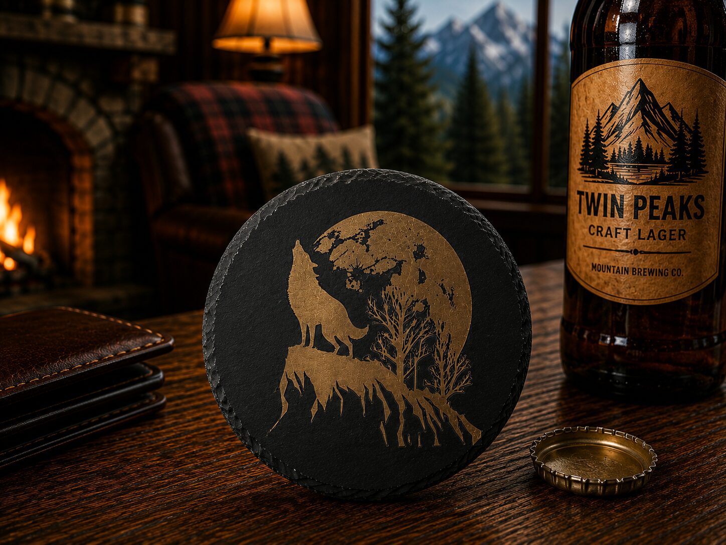 Howling wolf coaster beside Twin Peaks beer bottle